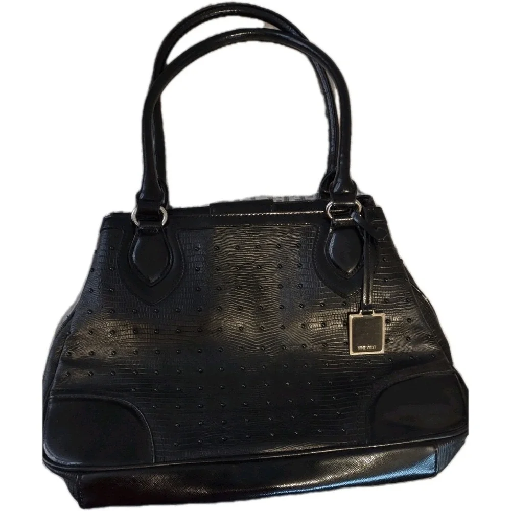 Nine West Black Lizard Embossed Tote Bag - Triple Compartment Studded Satchel